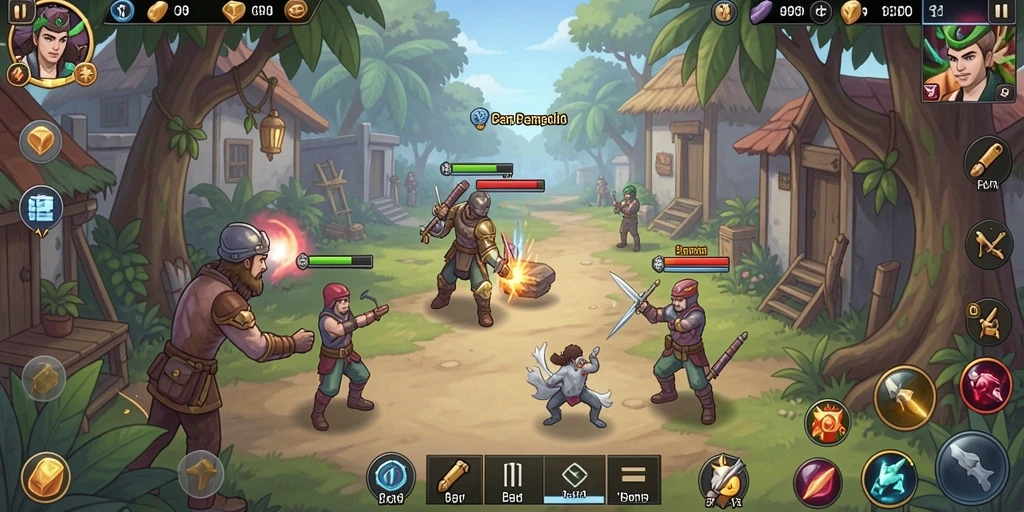 Screenshot menunjukkan petualangan karakter dalam hutan lebat.